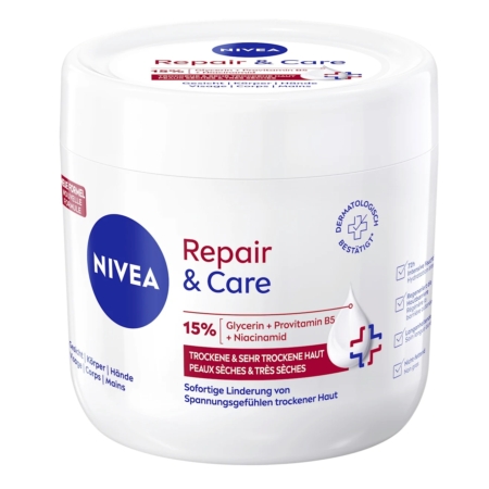 Un pot blanc de 400 ml de Nivea Crème de Soins Intensifs Visage Corps Mains Peau Sèche à très Sèche avec un couvercle bleu, formulé pour les peaux très sèches. Elle contient 15% de glycérine, de la provitamine B5 et de la niacinamide pour un soulagement rapide de la sécheresse et des tiraillements. Dakar