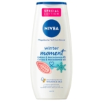 Un flacon de 200 ml de Nivea Douche nourrissante au beurre de karité Winter Moment. Le flacon blanc présente les informations produit en allemand et en anglais, ainsi qu'un motif rose et un flocon de neige bleu pour souligner cette édition spéciale. Dakar