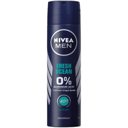 Un déodorant NIVEA MEN Fresh Ocean en spray de 150 ml de couleur bleu foncé, doté d'une formule sans aluminium qui offre jusqu'à 48 heures de protection et sèche rapidement. Dakar