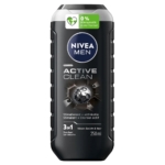 Le flacon de 250 ml de NIVEA MEN Gel douche Homme Active Clean, conçu pour le corps, le visage et les cheveux, présente un aspect noir et gris et est étiqueté avec 0% de microplastiques. Dakar