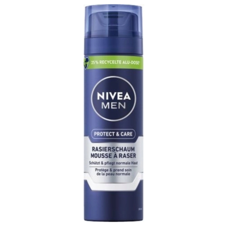 Une boîte bleue de NIVEA MEN Mousse à Raser Sensitive (200 ml) pour peau normale, avec un texte en allemand et en français. L'étiquette met en évidence 25 % d'aluminium recyclé. Dakar