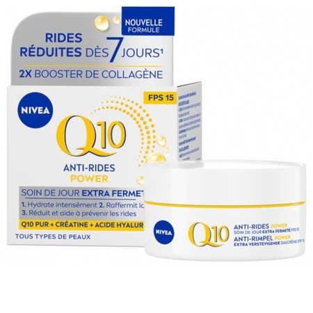 NIVEA Soin de Jour Anti-Rides Q10 Energy Activateur Éclat FPS 15 (50ml) dans une boîte et un pot jaune et bleu stimule le collagène pour une peau plus ferme en 7 jours grâce au Q10, à la créatine et à l'acide hyaluronique. Convient à tous les types de peau. Dakar
