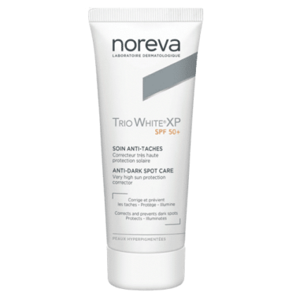 Tube de Noreva Trio White XP Soin Anti-Taches Spf50+ 40 ml avec texte en français et en anglais sur l'emballage blanc