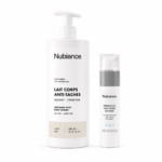 Deux produits Nubiance Paris de la collection Rituel - Rituel Anti-Taches Corps HRB-3 (16.9 fl. oz) dans un grand flacon pompe et Sérum Éclat Anti-Taches (1 fl. oz) - sont présentés sur un fond blanc uni. Dakar
