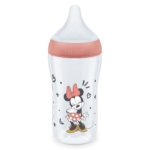 Un biberon NUK Biberon Disney Mickey Mouse Perfect Match transparent, 260 ml, avec une tétine en silicone pour les enfants de 3 mois et plus, avec un design Mickey Mouse et un couvercle rose. Dakar