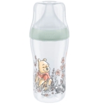 Le Biberon NUK Disney Winnie l’Ourson Perfect Match 260 ml est un biberon transparent avec un bouchon vert et une illustration de Winnie l’Ourson parmi des fleurs, de l’herbe et une abeille. Convient aux bébés à partir de 3 mois. Dakar