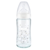 Le biberon en verre blanc NUK First Choice 0-6 mois 240 ml est doté d'un biberon en verre transparent avec un bouchon et une tétine blancs, ornés de petites étoiles blanches autour de la moitié inférieure. Dakar