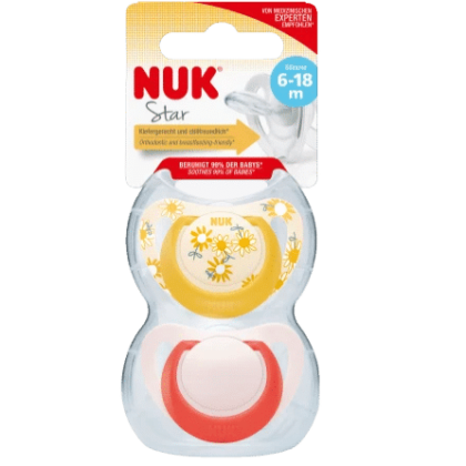 NUK Sucette en Silicone Age : 6 à 18 mois - 2 pièces (Jaune/Rouge)