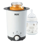 Un Biberon 3 en 1 Nuk Thermo Chauffe blanc avec un pot de nourriture pour bébé à l'intérieur et un biberon avec un motif de feuille à côté