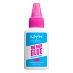 Un flacon blanc étiqueté "Nyx Base de Teint Adhérente The Face Glue 35 ml" avec une étiquette bleue et un bouchon rose vif contient 1.18 fl oz (35 ml) de base de maquillage. Dakar