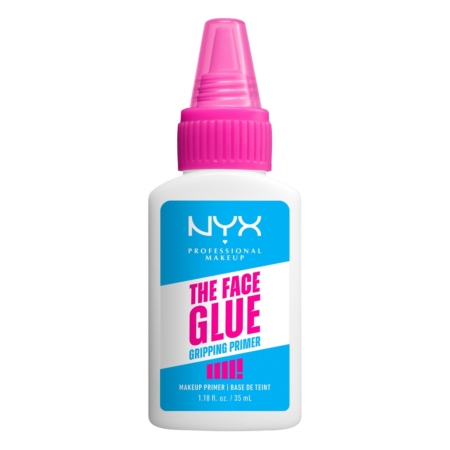 Un flacon blanc étiqueté "Nyx Base de Teint Adhérente The Face Glue 35 ml" avec une étiquette bleue et un bouchon rose vif contient 1.18 fl oz (35 ml) de base de maquillage. Dakar