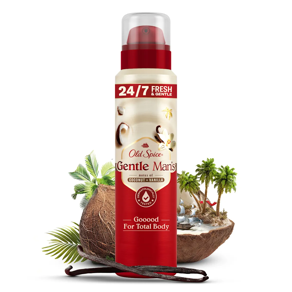 Un flacon rouge et beige de 140 ml de Old Spice Déodorant Brume Corporel Gentle Man's Noix de Coco et Vanille avec un parfum de noix de coco et de vanille, représenté avec des noix de coco, des gousses de vanille, des feuilles de palmier et une île tropicale en arrière-plan. Dakar