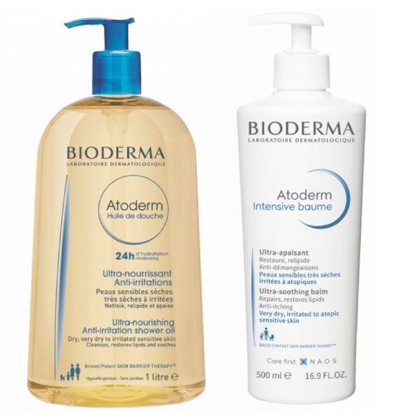 Bioderma Duo Atoderm Huile de Douche + Atoderm Peaux Sensibles et Sèches (Contre Irritations et Démangeaisons; Restaure, Relipide et Apaise)