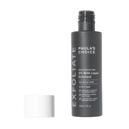 Une bouteille de PAULA'S CHOICE Skin Perfecting 2% BHA Lotion Exfoliante - XL 236 ml avec un bouchon ouvert