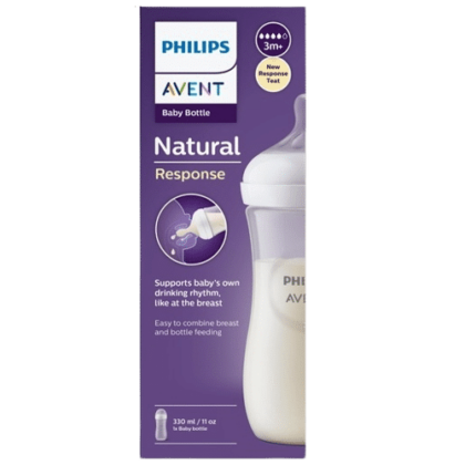 Philips AVENT Natural Response Biberon Blanc avec Tétine Forme Sein (3 MOIS) Conditionnement de 330 ml avec biberon et texte décrivant ses caractéristiques à partir de 3 mois
