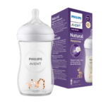 Philips AVENT Natural Response Biberon Motif Girafe Blanc (1 MOIS) 260 ml à côté de sa boîte
