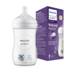 Philips AVENT Natural Response Biberon Motif Koala Blanc (1 MOIS) 260 ml avec boîte montrant les détails du produit ; tous deux présentent un motif d'ours koala
