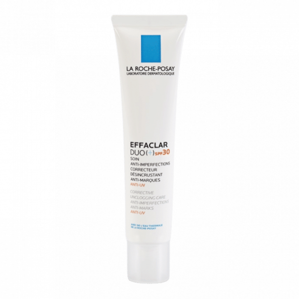 Le tube Effaclar DUO (+) SPF 30 de LA ROCHE-POSAY, 40 ml, offre un soin correcteur et désincrustant aux propriétés anti-imperfections, anti-taches et anti-UV. Le packaging est composé d'un tube blanc épuré avec une étiquette bleue et un texte noir. Dakar