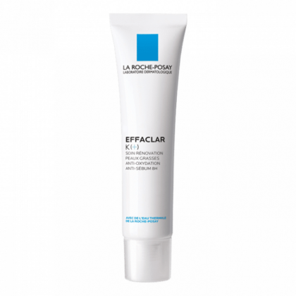 Un tube de LA ROCHE-POSAY EFFACLAR K(+) Soin Rénovation Peaux Grasses, 40 ml est élégamment présenté sur un fond blanc, mettant en valeur ses bienfaits ciblés pour les peaux grasses avec des propriétés anti-oxydation et anti-sébum. Dakar