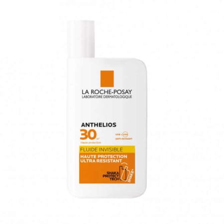 Image d'un flacon blanc de crème solaire LA ROCHE-POSAY Anthelios SPF30 Fluide Invisible Avec Parfum, format 50 ml. L'étiquette est orange et blanche, mettant en valeur le texte « Fluide Invisible Haute Protection Ultra Résistant ». Le flacon affiche bien en évidence le logo « Shake Protect Tech ». Dakar