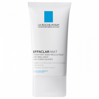 Un tube de 40 ml de LA ROCHE-POSAY EFFACLAR MAT Hydratant sébo-régulateur est spécialement formulé pour gérer le sébum et diminuer la brillance tout en réduisant l'apparence des pores dilatés. Il est présenté dans un élégant emballage blanc avec un logo bleu et un texte noir. Dakar