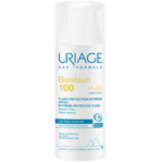 Flacon blanc d'Uriage Bariésun 100 Fluide Protecteur Extrême Spf50 Sans Parfum Peau Sensible à Grasse 50 ml avec texte bleu et jaune
