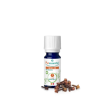 Un petit flacon bleu de Puressentiel Huile Essentielle Giroflier (Clou de Girofle) BIO 5 ml trône à côté de quelques clous de girofle séchés
