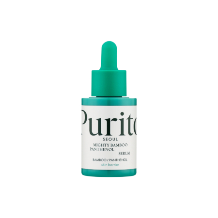 Purito Mighty Sérum Réparatrice et Apaisant au Bambou et au Panthénol 30ml se présente dans un flacon avec un bouchon compte-gouttes sarcelle et une étiquette blanche, formulé pour le soin de la barrière cutanée. Dakar