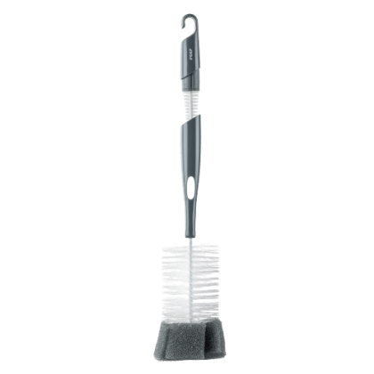 Une Brosse Biberon et Tétine Reer avec Éponge de Nettoyage 1 Pièce avec des poils noirs en bas et un crochet de suspension en haut