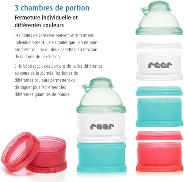 Reer Lot de 4 Doseurs de Lait en Poudre avec 3 Boîtes de Rangement et un Entonnoir Verrouillable Multicolore 108g – Image 3