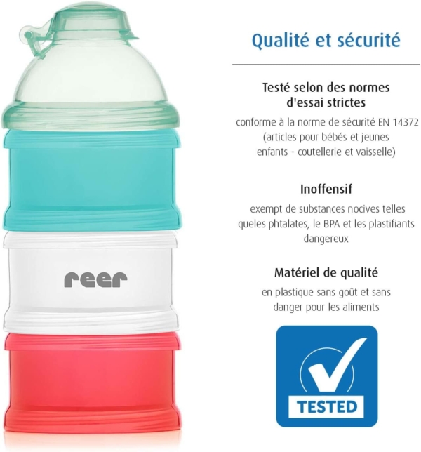 Reer Lot de 4 Doseurs de Lait en Poudre avec 3 Boîtes de Rangement et un Entonnoir Verrouillable Multicolore 108g – Image 2