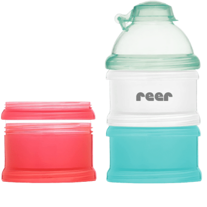 Reer Lot de 4 Doseurs de Lait en Poudre avec 3 Boîtes de Rangement et un Entonnoir Verrouillable Multicolore 108g