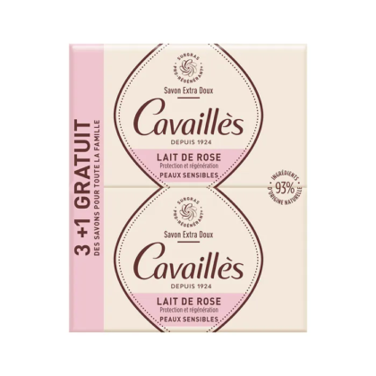 Roge Cavailles Savon Surgras Extra Doux au Lait de Rose 4x250g, pack rose et crème « 3+1 gratuit ». Doux, idéal pour les peaux sensibles, composé à 93% d'ingrédients d'origine naturelle. Dakar