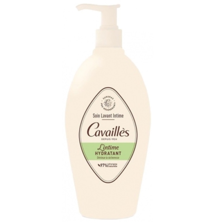 Un flacon pompe blanc de Roge Cavailles Soin toilette Intime Sécheresse Olivier Nourrissant 250ml, un nettoyant nourrissant intime, avec un accent vert sur l'étiquette et un texte français sur le devant. Dakar