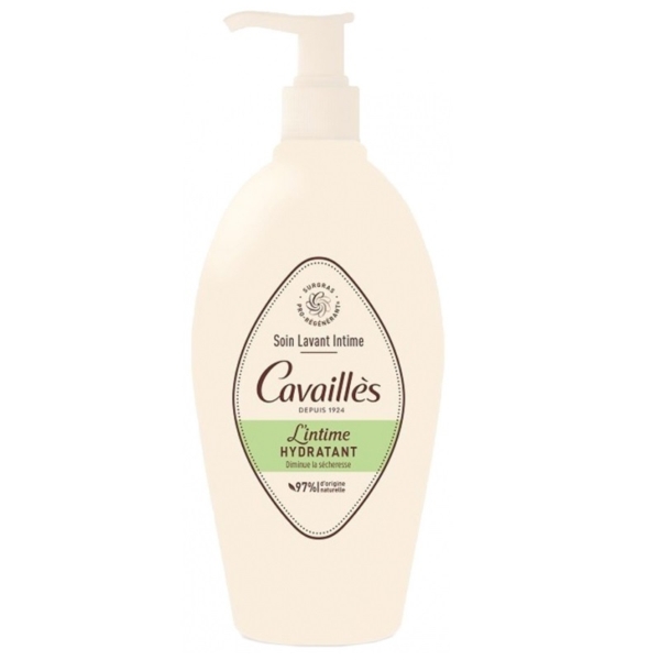 Un flacon pompe blanc de Roge Cavailles Soin toilette Intime Sécheresse Olivier Nourrissant 250ml, un nettoyant nourrissant intime, avec un accent vert sur l'étiquette et un texte français sur le devant. Dakar