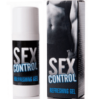 Conteneur et boîte de « RUF Gel Retardant Sex Control Rafraîchissant 30 ml » avec une image partielle d'un torse masculin sur l'emballage