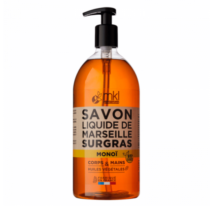Une bouteille de MKL Savon de Marseille liquide - Monoï 1L pour le corps et les mains