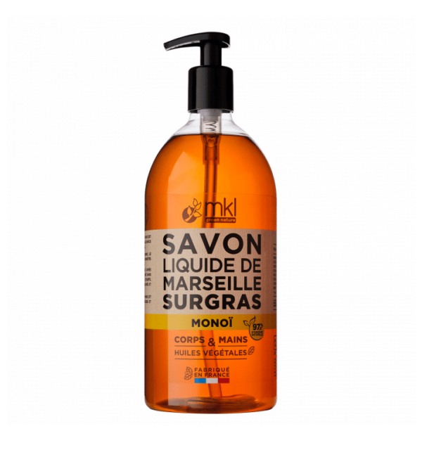 Une bouteille de MKL Savon de Marseille liquide - Monoï 1L pour le corps et les mains
