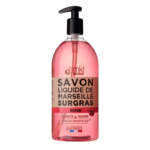 Un flacon de savon liquide rose avec distributeur à pompe labellisé "MKL Savon de Marseille liquide - Rose 1L" par mkl