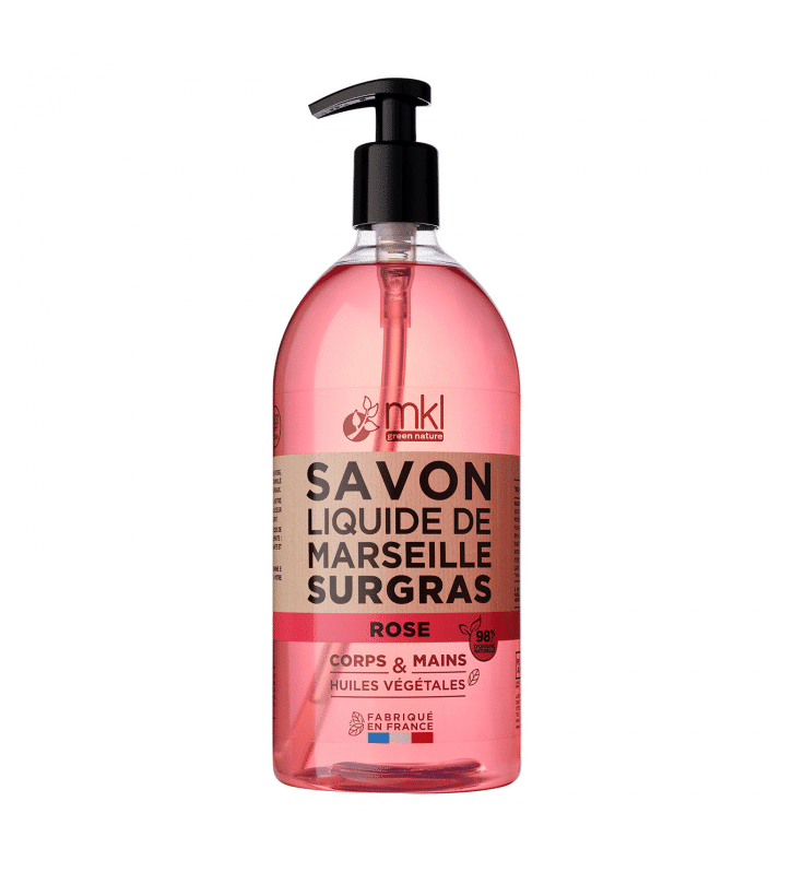 Un flacon de savon liquide rose avec distributeur à pompe labellisé "MKL Savon de Marseille liquide - Rose 1L" par mkl