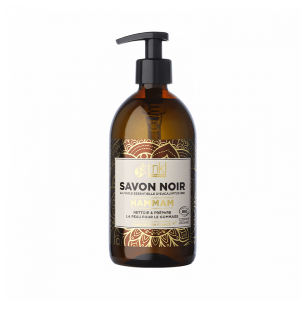 Une bouteille de MKL Savon Noir certifié BIO - 500 ml avec un distributeur à pompe