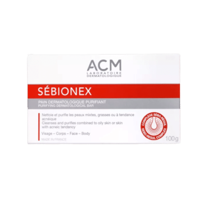 Une boîte d'Acm Laboratoire Sébionex Savon Dermatologique Purifiant Visage Et Corps Peaux Mixtes