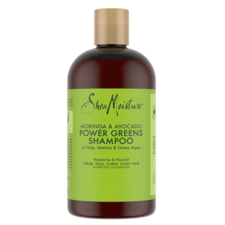 Une bouteille brune de Shea Moisture Shampoing Moringa & Avocado Power Greens Hydratant Nourrissant 384 ml avec une étiquette verte, détaillant ses bienfaits nourrissants pour les cheveux faibles, ternes, bouclés ou gras. Dakar