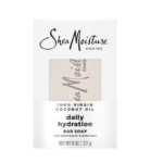 Une boîte de Shea Moisture Savon Virgin Coconut Oil Daily Hydratation, 227 g, dans un emballage blanc avec un texte noir indique le poids de la barre de savon. Dakar
