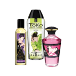 Trois Shunga Coffret Baisers Fruités dans des flacons de formes et de couleurs variées