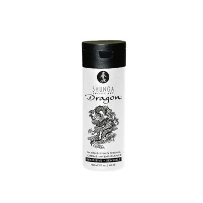Un flacon cylindrique étiqueté « Shunga Crème Intensifiante Dragon Sensible 60 ml » avec une illustration de dragon sur le devant