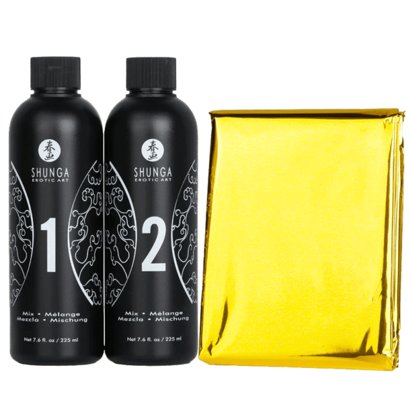Deux flacons noirs étiquetés « 1 » et « 2 » avec le texte « Shunga Gelée Massage Érotique Vin Pétillant Fraise 2 x 225 ml »