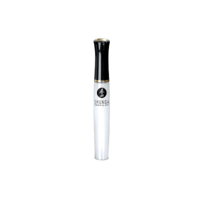 Flacon cylindrique transparent avec un bouchon noir et doré