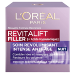 L'Oréal Revitalift Filler Soin Nuit Anti-Rides - Crème Hydratante & Anti-Âge Acide Hyaluronique L'emballage de 50 ml avec le texte en français met en évidence les bienfaits de l'acide hyaluronique et est disponible chez Univers Cosmetix