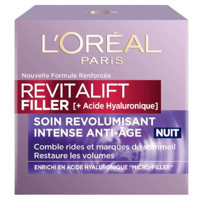 L'Oréal Revitalift Filler Soin Nuit Anti-Rides - Crème Hydratante & Anti-Âge Acide Hyaluronique L'emballage de 50 ml avec le texte en français met en évidence les bienfaits de l'acide hyaluronique et est disponible chez Univers Cosmetix